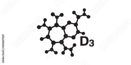 Black and white illustration of a d vitamin molecule structure with the d three label present