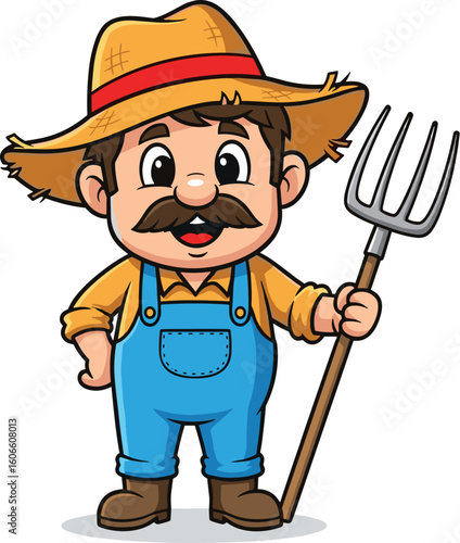 Cartoon farmer holds pitchfork. Agriculture, farming, harvest, rustic, rural, harvest, labor, illustration, man, hat, overall, happy.