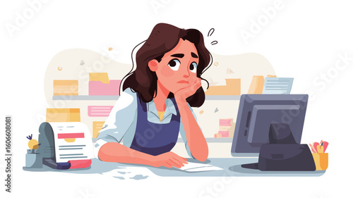 A digital illustration depicting a young woman with brown hair, wearing a blue apron, sitting at a desk in front of a computer.  She is leaning on her hand, looking bored and tired. The background