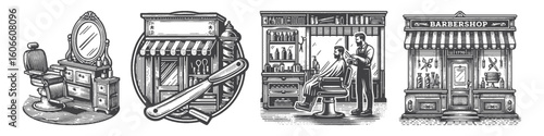 Vintage Hand-Drawn Barber Knife Collection Illustration, Classic Grooming Tool Engraved Style Vector for T-Shirts and Shaving Culture Themes Design
