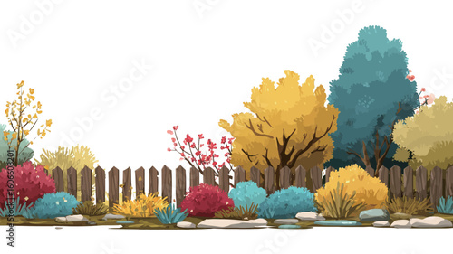 A digital illustration depicting a horizontal arrangement of stylized plants and a wooden fence against a white background. The illustration features various types of shrubs and trees in bright,