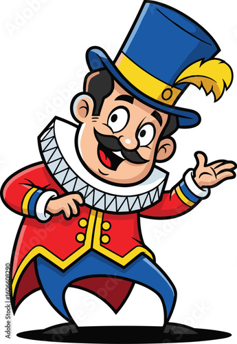 Cartoon man in blue top hat presents something. Animation, whimsical, circus, ringmaster, magician, quirky character, performer, showman, gesture, welcoming, entertaining