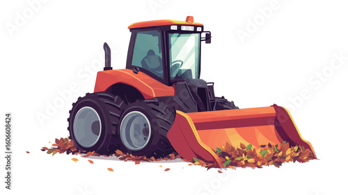 A digital illustration of an orange tractor with a front loader. The tractor is depicted clearing a pile of autumn leaves.  The style is cartoonish or vector-based, with clean lines and flat