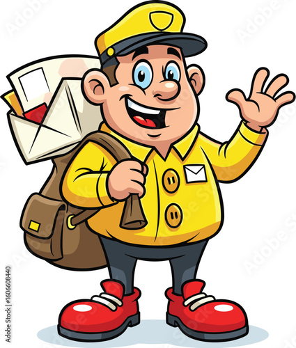 Cartoon mailman waves with letters in his bag. Postal worker, delivery, service, postman, mail, mailbag, envelope, communication, happy, cheerful, character