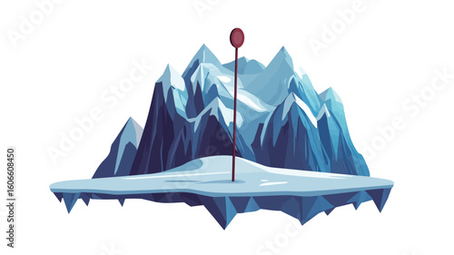 A stylized illustration depicting a snowy mountain peak on a small, floating island of ice. The mountains are rendered in shades of blue and white, with a simplified, almost cartoonish style.  