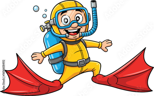 Diver swims underwater, joyful cartoon character illustration. Scuba gear, ocean adventure, swimming, fun, marine life, water sports, snorkeling, happy, vacation.