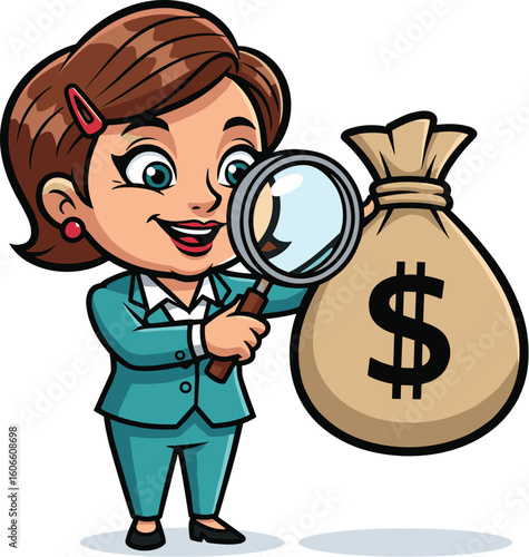 Woman inspects money bag with magnifying glass. Financial investigation, fraud detection, audit, business, finance, scrutiny, security, wealth.