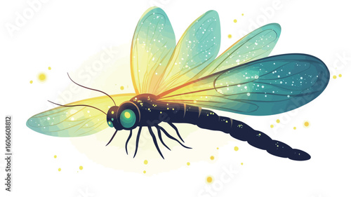 A digital illustration of a stylized dragonfly. The dragonfly is depicted in profile view, with its wings spread.  The wings are predominantly teal and blue with yellow-green highlights 