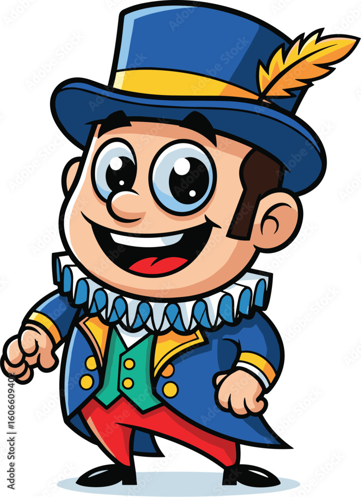 Obraz premium Cartoon character smiles in fancy costume and hat. Whimsical, mascot, cartoon, cheerful, happiness, joyful, outfit, traditional