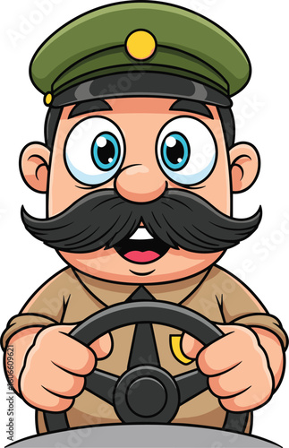 Cartoon conductor holds steering wheel. Driver, happy, cute, transport, occupation, job, mustache.