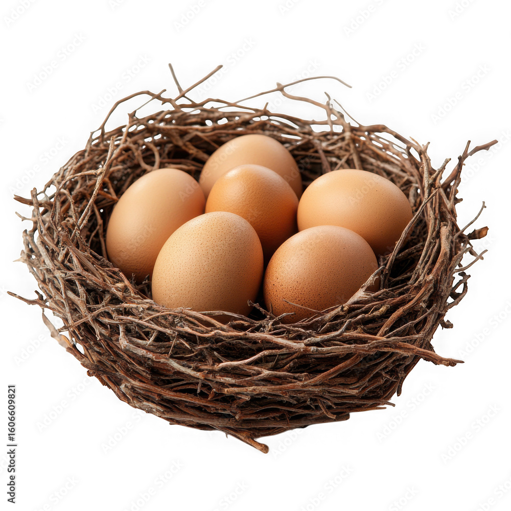 A natural bird s nest filled with brown eggs isolated on transparent background A natural bird s nest filled with brown eggs isolated on transparent background