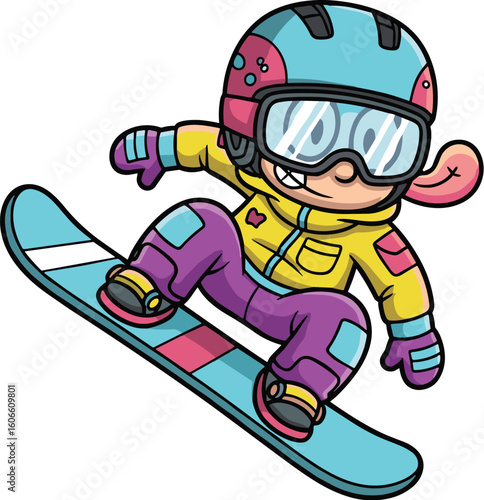 Cartoon snowboarder rides down slope. Winter sport, snow, fun, playful, illustration, snowboarding, extreme sports, action, recreation.