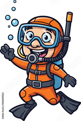 Cartoon diver in wetsuit gives a cheerful wave. Scuba gear, underwater, snorkeling, adventure, hobby, cheerful, wetsuit, cheerful, cartoon, character, illustration.