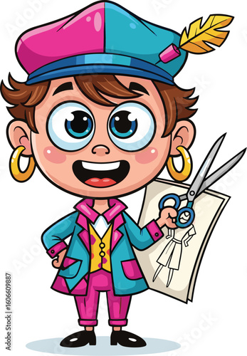 Cartoon designer holds scissors and a sketch. Creative, fashion, tailor, cartoon, design, pattern, illustration, sketch, clothing, style, fabric, costume, sewing
