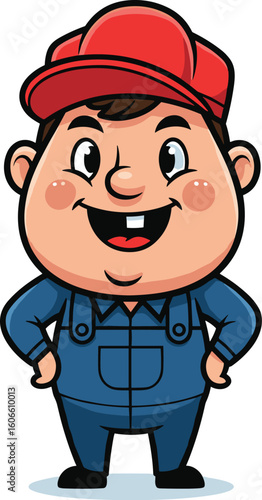Cartoon character smiles, standing confidently. Red cap, overalls, and missing tooth. Mascot, worker, cute, happy, illustration, character design, tradesman, handyman.
