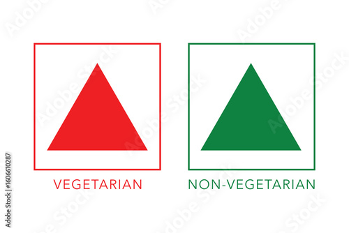 Vegetarian, Vegan, and Non-Vegetarian dietary food icons. A symbol set with a green Triangle for plant-based food and a red triangle for meat products. Vector labels for marking food choices.