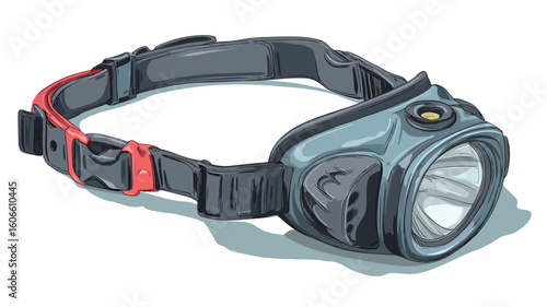A vector illustration of a headlamp or head light. The illustration shows a gray and black headlamp with an adjustable red and black head strap. The headlamp has a lens and a visible light source.