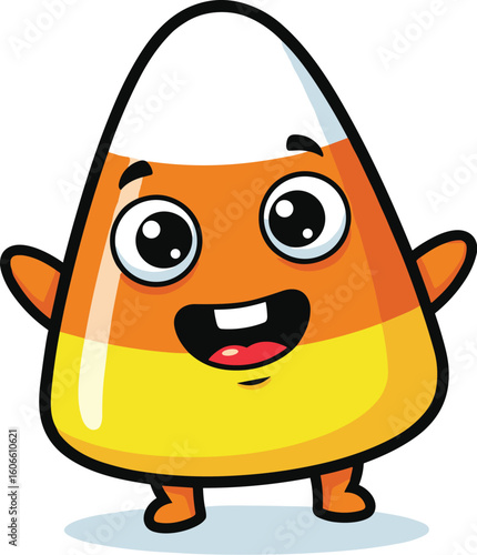 Candy corn character smiles happily. Autumn candy, cute, sweets, october, halloween treat, smiling face, happy, cartoon, yummy