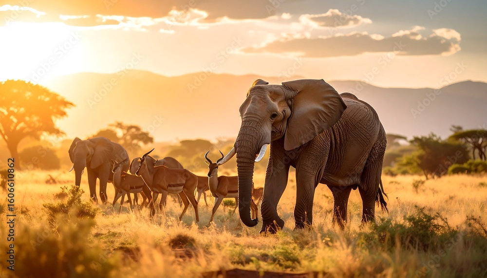 Fototapeta premium African sunset panorama with elephants and gazelles