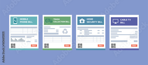 Group of online payment household service bills with QR code, vector flat illustration	