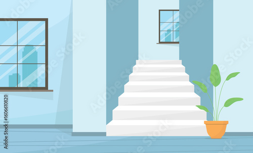 Interior of empty apartment with stairs and windows. Sale, rent of real estate. Commerce.
