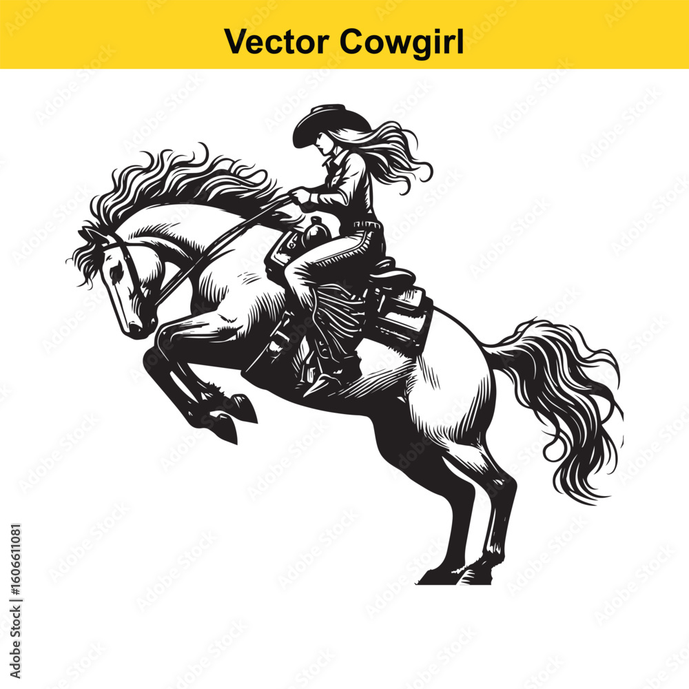 Obraz premium Cowgirl & Racing Horse – Vector Line Art.