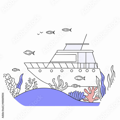 Boat sailing through coral reef with fish in ocean waters  