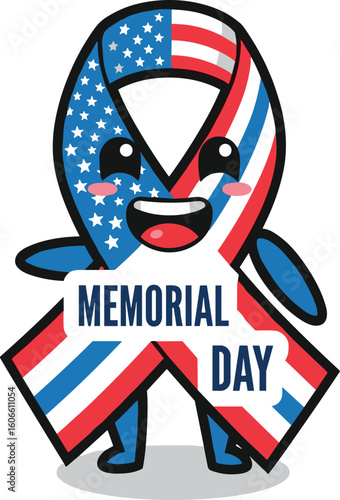 Ribbon character celebrates Memorial Day. Patriotic holiday, memorial, celebration, happy, cartoon, american flag pattern, usa, holiday, cute, remembrance.