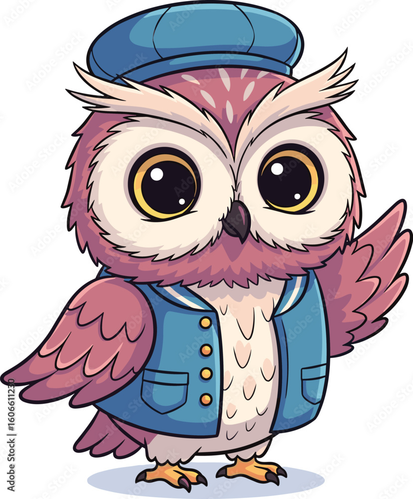 Fototapeta premium Cartoon owl waves wearing a hat and jacket. Cute bird, animal illustration, character, fashion, adorable, whimsical, feathered.