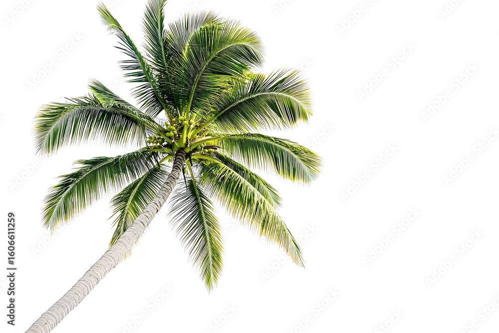 Obraz premium Palm tree with coconuts isolated on white, view from below against sky