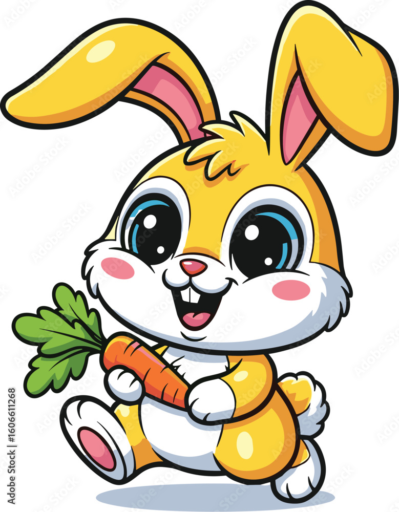 Obraz premium Cute bunny holds carrot, smiling cheerfully. Cartoon rabbit, adorable, easter, mascot, happy, fun, pet, animal, nature, spring, farm, children, fairytale, design, art