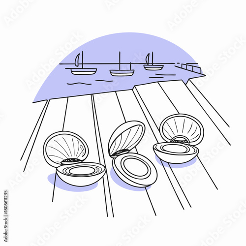 Clamshells open on wooden deck with boats in the ocean background  