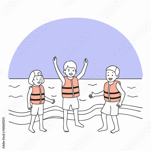 Three children wearing life vests and playing happily by the ocean  