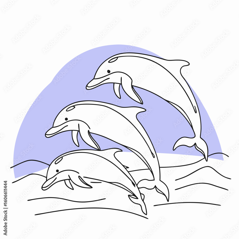 Obraz premium Three dolphins swimming and leaping in ocean waves with blue background 