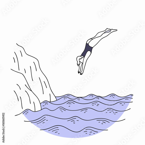 Diver jumping into the sea from a cliff in a minimalist style  