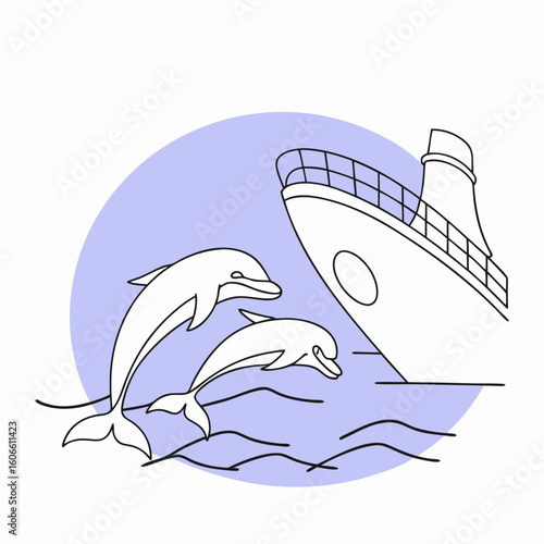 Dolphins leaping near the bow of a ship in ocean waters  