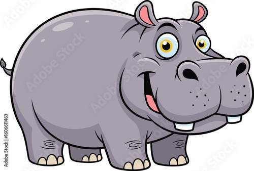 Cartoon hippopotamus smiles cheerfully. Animal, happy, wildlife, zoo, mammal, illustration