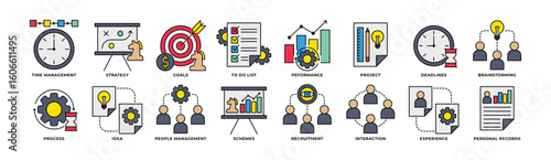 Icon Set of Management, Time Management, Strategy, Goals, To Do List, Proses and More. Icon Line Color Style