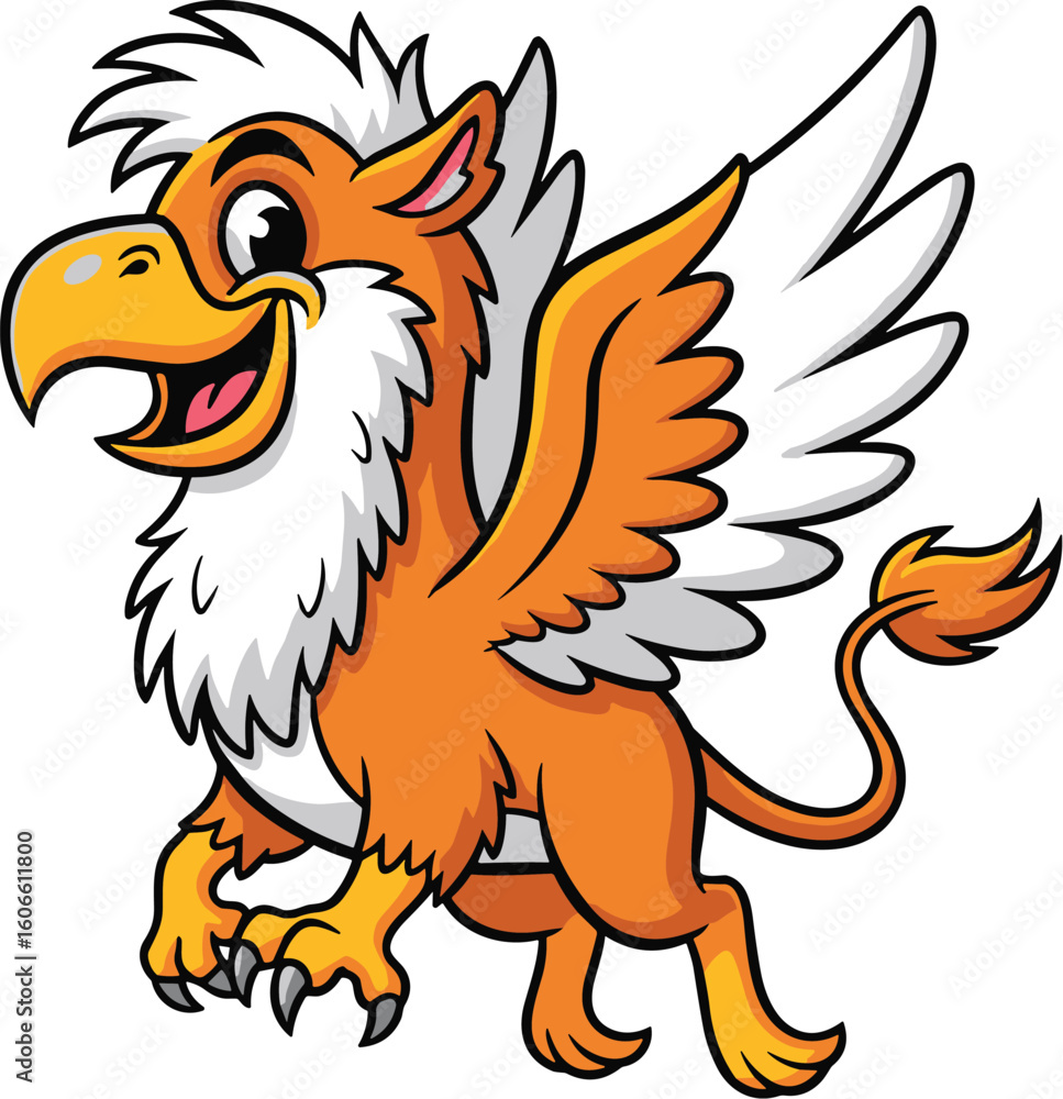 Obraz premium Cartoon griffin struts cheerfully, wings unfurled. Mythical creature, fantasy, heraldic, emblem, animal, legend, mascot, beast, cute.