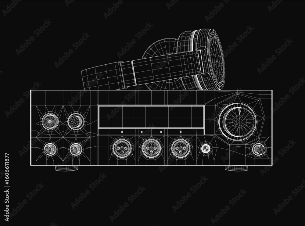 Fototapeta premium A 3D wireframe model of a stereo amplifier on a black background, showcasing detailed knobs, buttons, and input ports. The blueprint-style rendering highlights the audio equipment's technical design.