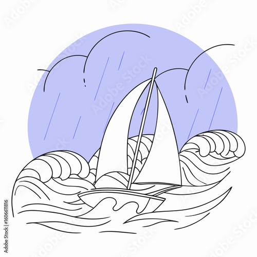 Sailboat navigating stormy waves under grey sky and raindrops  