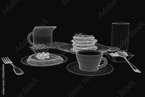 A wireframe 3D model of a breakfast table setting features a cup of coffee, pancakes, and utensils on a dark mysterious background. The detailed render includes a jug, fork, spoon.