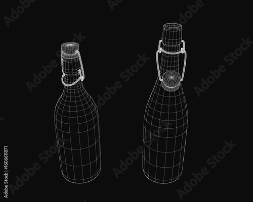 Two 3D wireframe beer bottles stand on a black background, animated as if ready to be filled. The sleek design highlights the bottle shapes with clean lines.