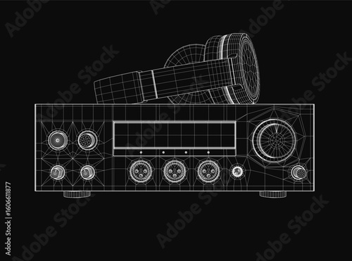 A 3D wireframe model of a stereo amplifier on a black background, showcasing detailed knobs, buttons, and input ports. The blueprint-style rendering highlights the audio equipment's technical design.