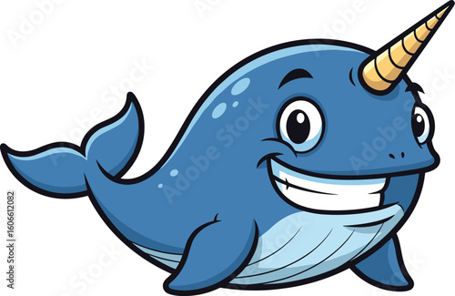 Cartoon narwhal smiles happily. Playful sea creature, adorable, cheerful, happy, ocean life.