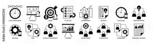 Icon Set of Management, Time Management, Strategy, Goals, To Do List, Proses and More. Icon Mixed Style