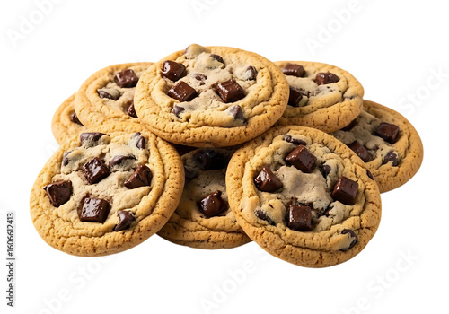A delicious pile of freshly baked chocolate chip cookies isolated on transparent background