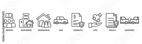 Insurance icon set illustration concept with icon of advice, buildings, household, car, liability, life, policy, accident