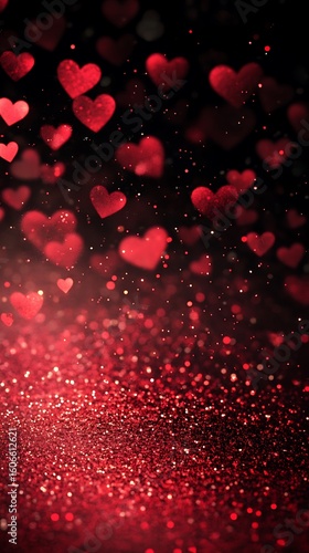 Red glitter and bokeh hearts against dark background for valentine's day celebration