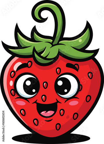 Cartoon strawberry smiles happily. Cute fruit character, happy, fun, health, food, illustration, mascot, cheerful, design, sweet, freshness